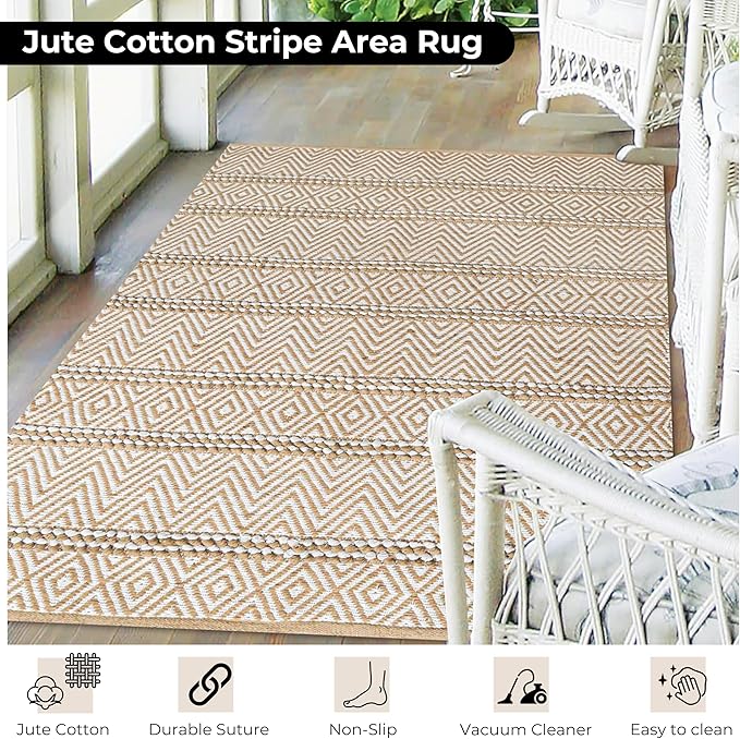 Natural Jute Cotton Area Rug 5x7 FT - Machine Washable, Neutral Ivory, Durable Eco-Friendly Farmhouse Living Room Bedroom Carpet - 70% Jute 30% Cotton Textured Stripe Entryway Rug