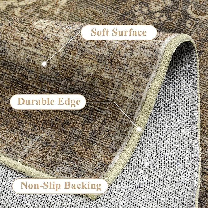 Vintage Area Rug 5x7 Washable Brown Living Room Carpet Large Indoor Non Slip Bedroom Low Pile Kitchen Distressed Retro Accent Throw Rug for Dining Room