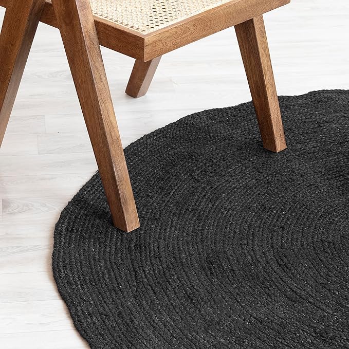 HOMEMONDE 8ft Round Black Jute Rug - Handwoven Braided Reversible Vintage Area Rug Farmhouse Rustic and Bohemian Eco Friendly Home Décor for Bedroom, Living Room and Kitchen