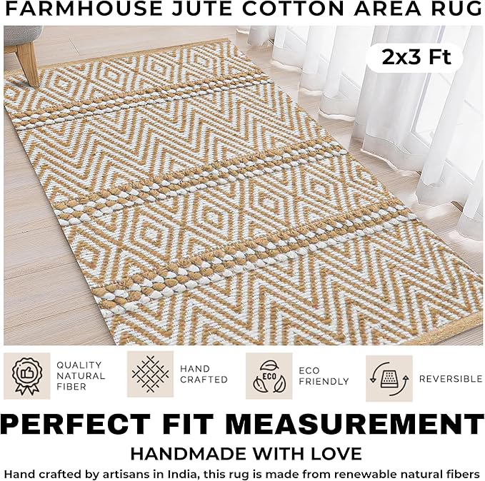 Jute Cotton Stripe Area Rug for Living Room 24x36 Inch - Natural Ivory - Machine Washable 2x3 Feet Rugs - 70% Jute and 30% Cotton