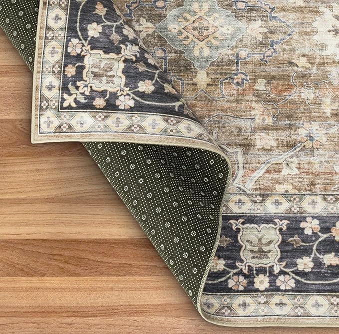 ReaLife Rugs Machine Washable Area Rug - Living Room Bedroom Bathroom Kitchen Entryway Office - Padded Low Pile Stain Resistant Premium - Boho Farmhouse Vintage - BEV - Beige Tan Brown 5' x 7'