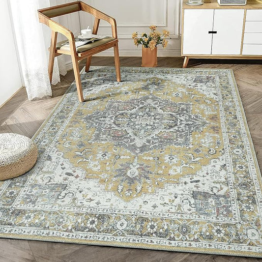 Bloom Rugs Washable Non-Slip 6' x 9' Rug - Yellow Traditional Medallion Area Rug for Living Room, Bedroom, Dining Room, and Kitchen - Exact Size: 6' x 9'