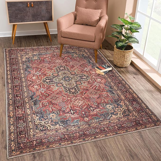 Bloom Rugs Washable Non-Slip 9' x 12' Rug - Red/Teal Blue/Yellow Traditional Medallion Area Rug for Living Room, Bedroom, Dining Room, and Kitchen - Exact Size: 9' x 12'