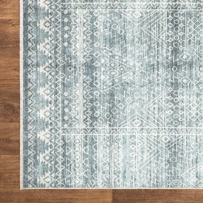 Bloom Rugs Caria Washable Non-Slip 8x10 Rug - Teal/Ivory Geometric Area Rug for Living Room, Bedroom, Dining Room, and Kitchen - Exact Size: 7'8" x 10'