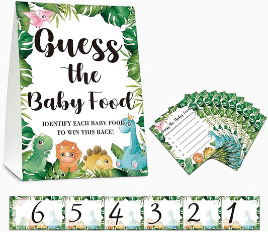 Baby Shower Game Set, Find The Baby Food Party Game(1 Standing Sign + 20 Answer Cards + 6 Number Cards), Safari Jungle Games for Boys and Girls, Dinosaur Gender Reveal Party Decor(A04)