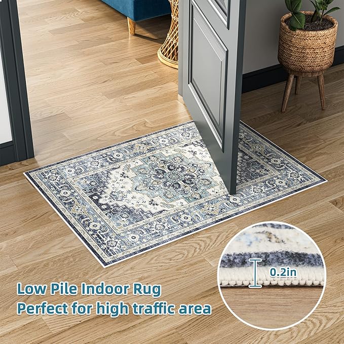 Dripex Vintage Collection Washable Area Rug - 2x3 Door Mat Small Entryway Rug Distressed Non-Slip Low-Pile Floor Carpet for Indoor Front Entrance Kitchen Bathroom Living Room Bedroom