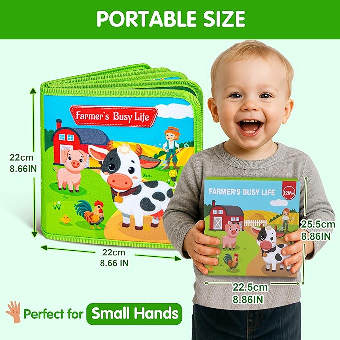 Quanquer Montessori Busy Books for Toddlers 1-3 – Farm Animal Sensory Busy Board for 1 Year Old Boys and Girls, Educational Travel Toy for Airplane Activities, Fine Motor Skill Birthday Gift