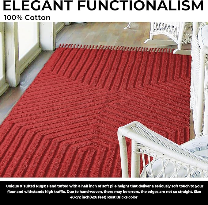 Boho Rugs for Living Room 4x6, Farmhouse Cotton Area Rug for Bedroom, Washable Tufted Indoor Floor Carpet for Kitchen Dorm Office Dining Room Office Home Decor, Rust Bricks