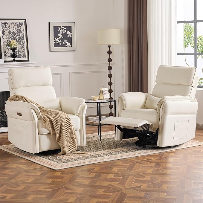 Power Recliner Rocking Chair Nursery Gliders with Adjustable Armrests and Headrest, Swivel Electric Glider Reclining Nursing Chair with USB Port and Storage Bags, FSC Certified(Leather, Beige)
