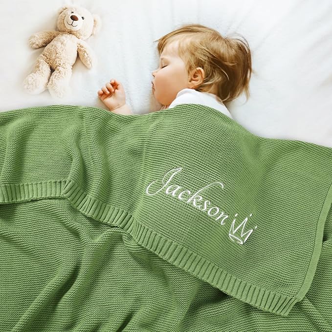 Personalized Baby Blanket with Embroidered Name, Custom Baby Blanket for Boys Girls, 30x40in Customized Baby Receiving Blankets, Personalized Christmas Birthday Boys Girls Newborn Gifts (Green)