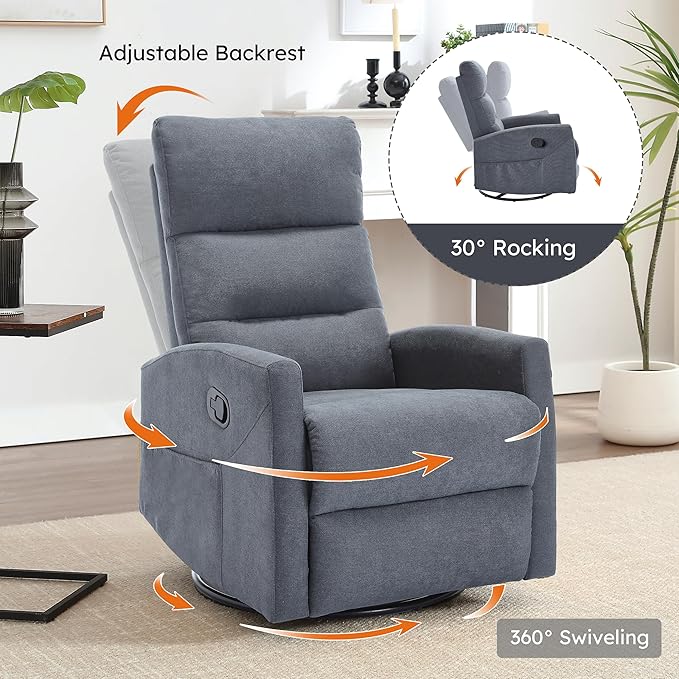360° Swivel Rocking Chair for Nursery, Manual Glider Chair Nursing Chair with Side Pockets, Polyester Glider for Living Room, Heavy Duty Motion Mechanism, Gray
