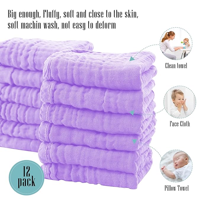 24 Pack Muslin Burp Cloths for Baby - Ultra-Soft 100% Cotton Baby Washcloths - Large 20'' by 10'' Super Absorbent Milk Spit Up Rags - Burpy Cloths for Unisex, Boy, Girl - Purple