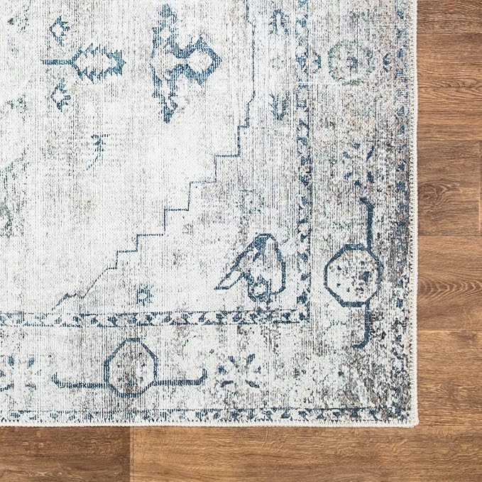 Bloom Rugs Washable Non-Slip 7 ft Runner - Teal/Beige Traditional Runner for Entryway, Hallway, Bathroom, and Kitchen - Exact Size: 2.5' x 7'