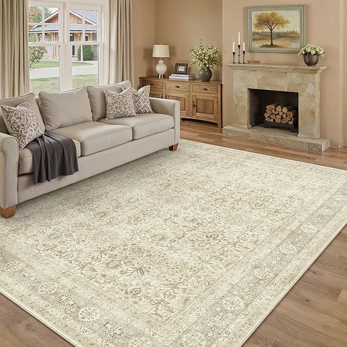 Vintage Area Rug 6x9 Beige Washable Living Room Large Carpet Non Slip Bedroom Indoor Office Low Pile Traditional Distressed Retro Accent Rug for Dining Room Kitchen