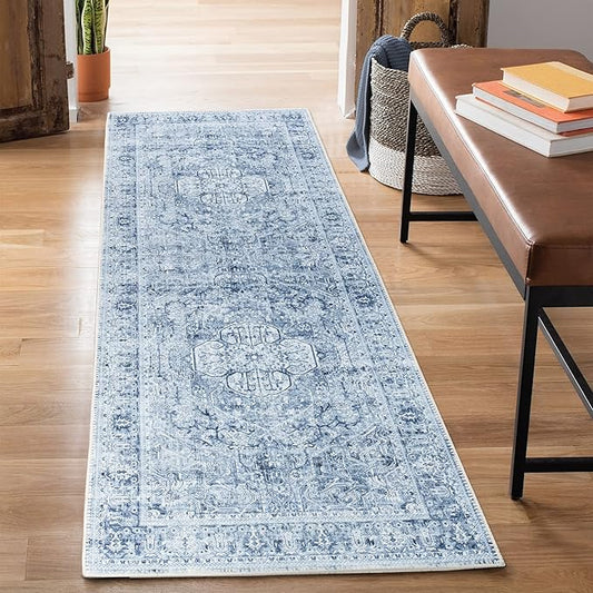 Bloom Rugs Washable Non-Slip 10 ft Runner - Ivory/Denim Blue Traditional Medallion Runner for Entryway, Hallway, Bathroom, and Kitchen - Exact Size: 2.5' x 10'