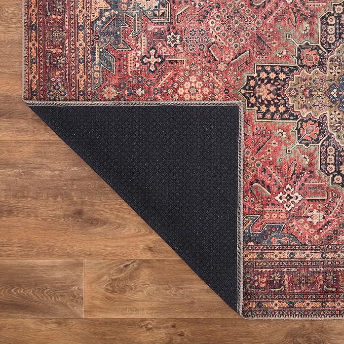 Bloom Rugs Washable Non-Slip 7 ft Runner - Red/Teal Blue/Yellow Traditional Medallion Runner for Entryway, Hallway, Bathroom, and Kitchen - Exact Size: 2.5' x 7'