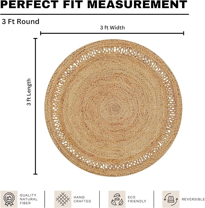 Hand Woven Farmhouse Jute Area Rug 3 Ft Round Natural Yarn, Rustic Vintage Beige Braided Reversible Rug, Eco Friendly Rugs for Bedroom, Kitchen, Living Room, Farmhouse 100% Jute Rug