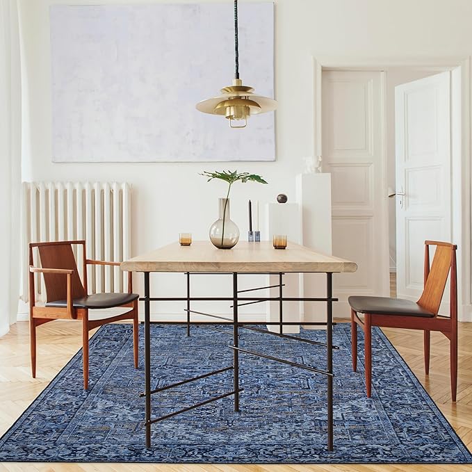 ReaLife Rugs Machine Washable Area Rug Runner - Living Room Bedroom Bathroom Kitchen Entryway Office - Padded Low Pile Stain Resistant Premium - Boho Vintage Traditional - Lyle - Blue 3' x 5'
