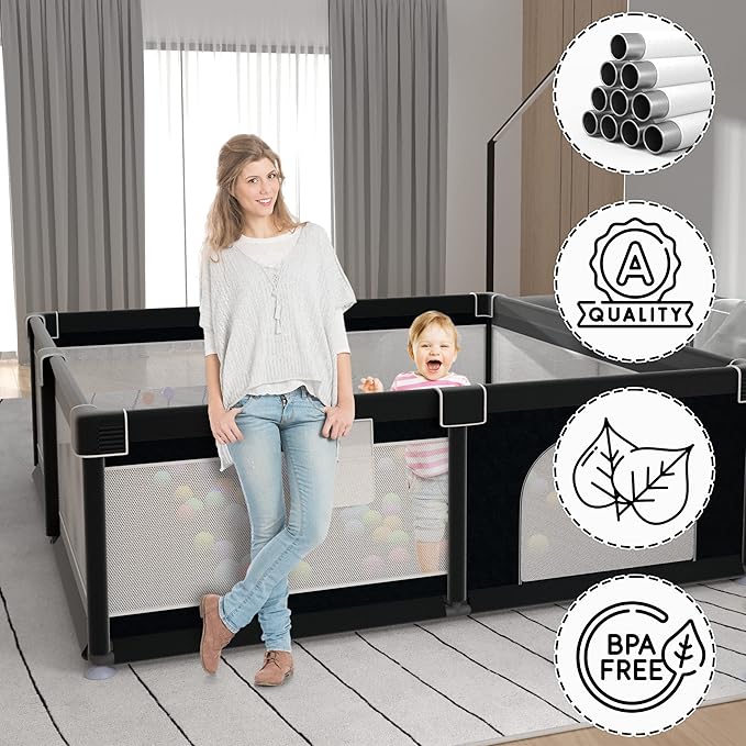 LUTIKIANG Playpen, 79" X 71" Extra Large Playpen, Play Pen for Babies and Toddlers, Kids Play Pen, Sturdy Safety Play Yard, Baby Fence with gate, Play Pin for Toddler (Black)