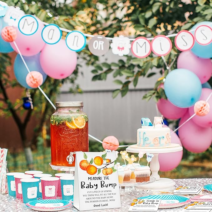Measure the Baby Bump Baby Shower Game Set, 1 Standing Sign with 50 Guessing Cards, Little Cutie Gender Reveal Party Decorations Supplies - B07