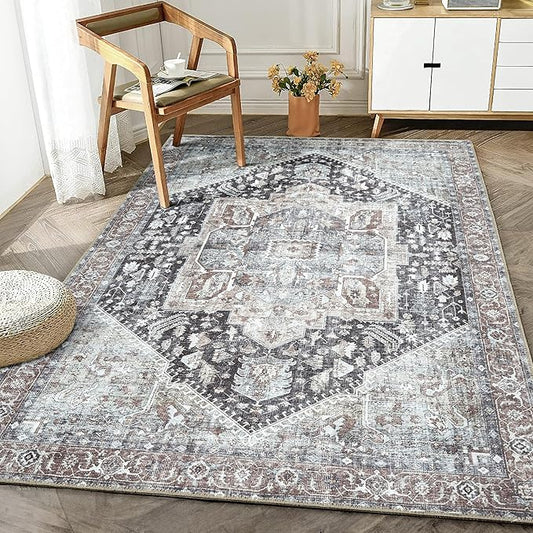 Bloom Rugs Washable Non-Slip 6' x 9' Rug - Charcoal/Brown Traditional Medallion Area Rug for Living Room, Bedroom, Dining Room, and Kitchen - Exact Size: 6' x 9'