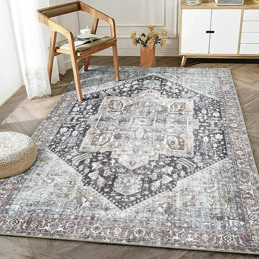 Bloom Rugs Washable Non-Slip 3' x 5' Rug - Charcoal/Brown Traditional Medallion Area Rug for Living Room, Bedroom, Dining Room, and Kitchen - Exact Size: 3' x 5'