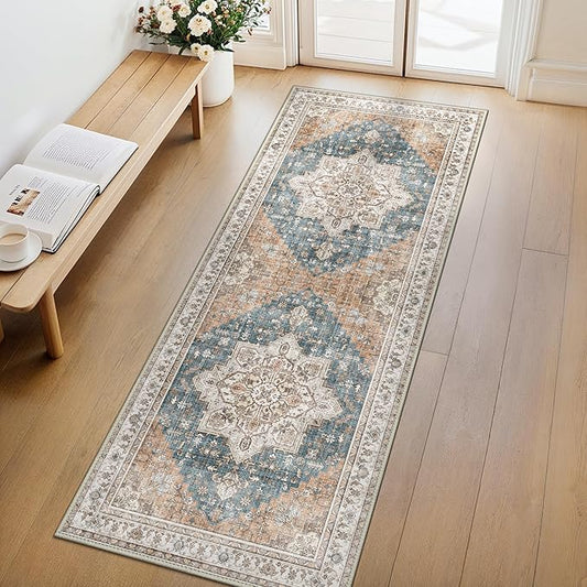 GENIMO 2x5 Runner Rugs for Hallway, Machine Washable Non Slip Vintage Rugs, Low Pile Lightweight Soft Print Rug for enrtyway, Corridor, Home Office, Kitchen, Blue Brown