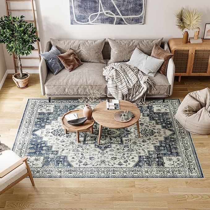 Dripex Vintage Washable Area Rug - 5x8 Distressed Rugs for Living Room Bedroom Oriental Medallion Floral Print Carpet Low-Pile Indoor Soft Non-Slip Accent Rug Farmhouse Office Home Decor