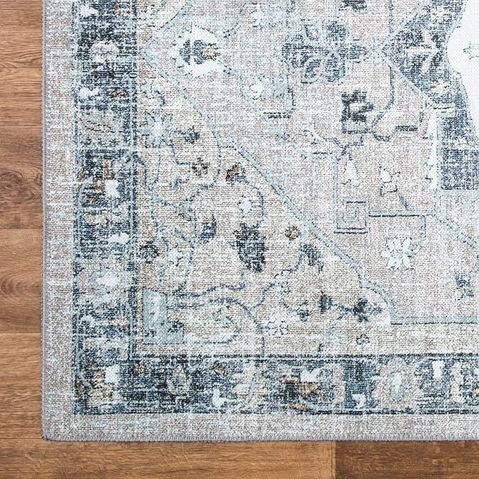 Bloom Rugs Washable Non-Slip 7 ft Runner - Pebble Gray/Blue Traditional Medallion Runner for Entryway, Hallway, Bathroom, and Kitchen - Exact Size: 2.5' x 7'