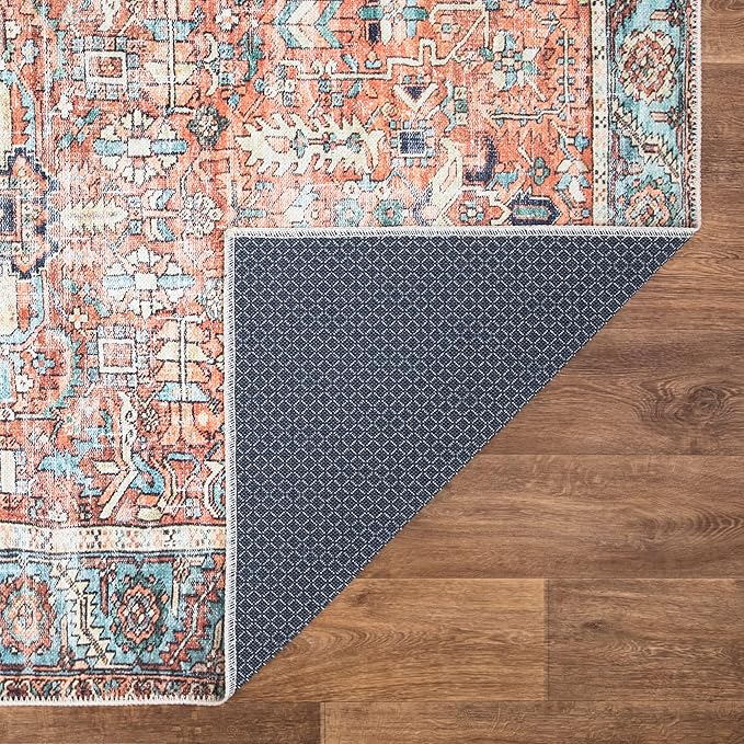 Bloom Rugs Washable Non-Slip 7 ft Runner - Orange/Blue Traditional Runner for Entryway, Hallway, Bathroom, and Kitchen - Exact Size: 2.5' x 7'