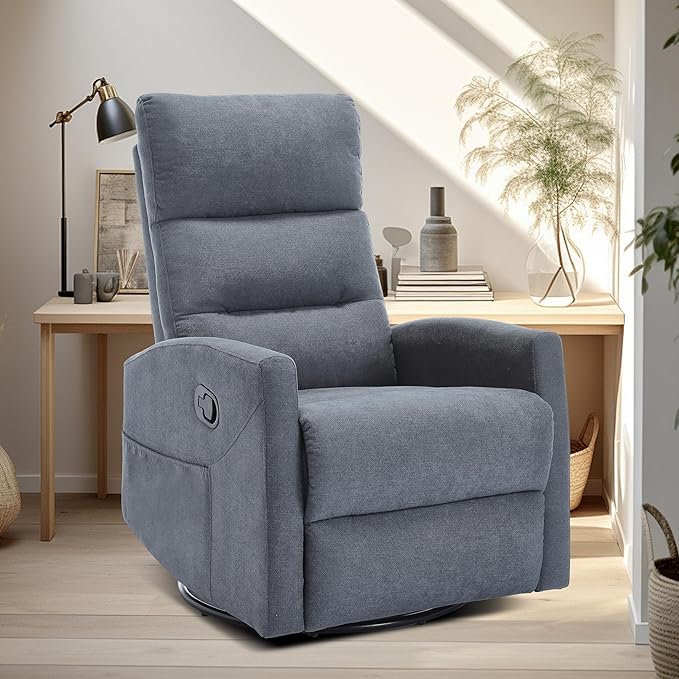 360° Swivel Rocking Chair for Nursery, Manual Glider Chair Nursing Chair with Side Pockets, Polyester Glider for Living Room, Heavy Duty Motion Mechanism, Gray