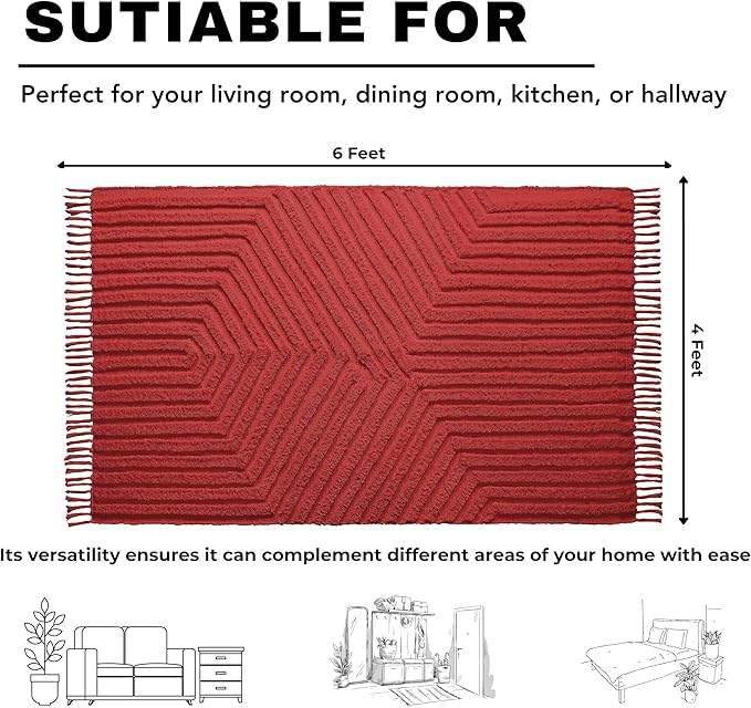 Boho Rugs for Living Room 4x6, Farmhouse Cotton Area Rug for Bedroom, Washable Tufted Indoor Floor Carpet for Kitchen Dorm Office Dining Room Office Home Decor, Rust Bricks