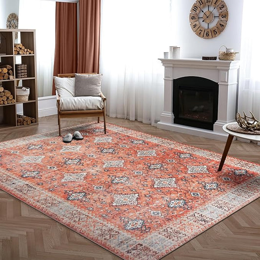 Bloom Rugs Washable Non-Slip 9' x 12' Rug - Orange Traditional Bordered Area Rug for Living Room, Bedroom, Dining Room, and Kitchen - Exact Size: 9' x 12'
