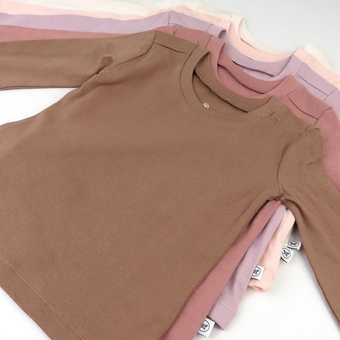 HonestBaby 5-Pack Long Sleeve T Shirts 100% Organic Cotton for Toddler, Little Kids Boys, Girls