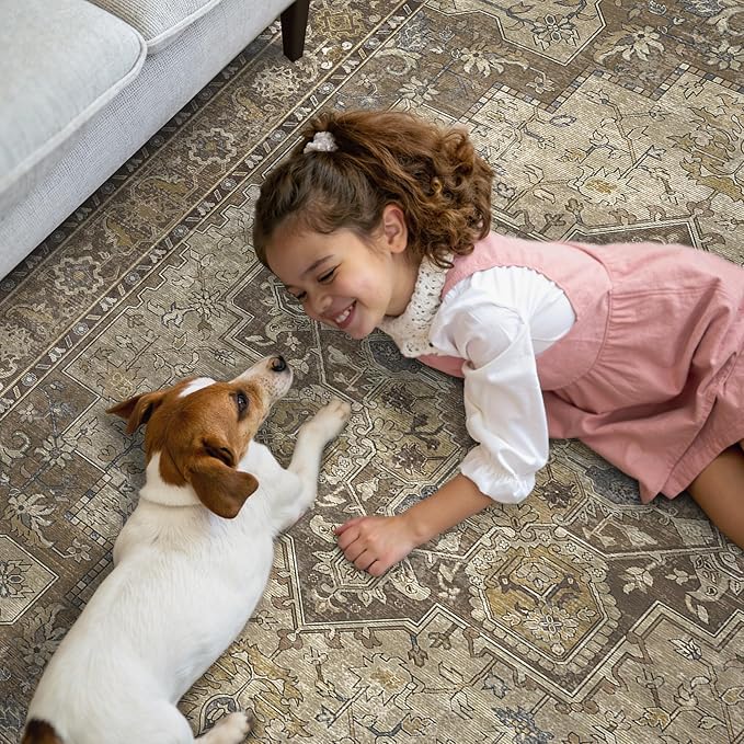 GENIMO 2'6''x10 Runner Rugs for Hallway, Machine Washable Non Slip Vintage Rugs, Low Pile Lightweight Soft Print Rug for enrtyway, Corridor, Home Office, Kitchen, Rustic Brown