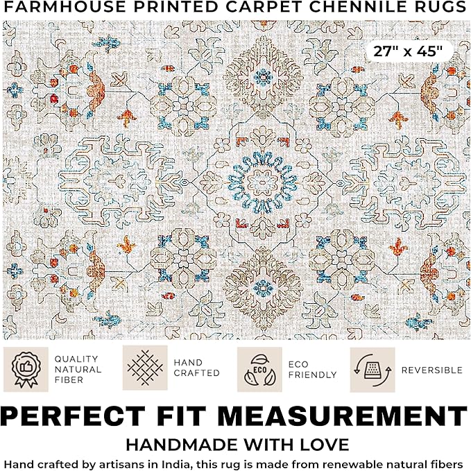 Washable Soft Small Boho Area Rugs, Rags Rug, Printed Carpet Chennile Rugs for Living Room 27x45 inch Cream Rust Multi,Machine Washable Printed Rugs - 30% Cotton, 70% Polyester