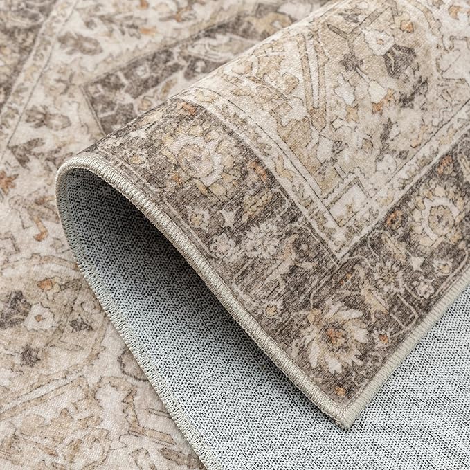 Taupe Brown Area Rug 9x12 Vintage Washable Distressed Living Room Carpet Large Indoor Non Slip Traditional Medallion Retro Low Pile Accent Throw Rug Bedroom Kitchen Office Dining Room