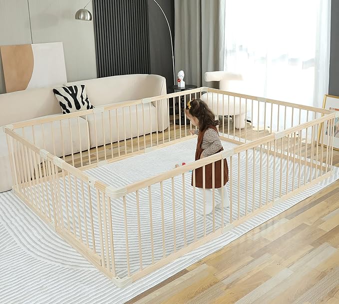 Baby Playpen Play Fence Gate Play Pen Wood Large,Playpens for Babies and Toddlers Kids Indoor,Baby Play Yards Gym