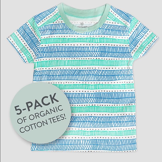 HonestBaby Unisex-Baby 5-Pack Short Sleeve T-Shirts 100% Organic Cotton Baby, Toddler, Little Kid, Boy, Girl, Unisex