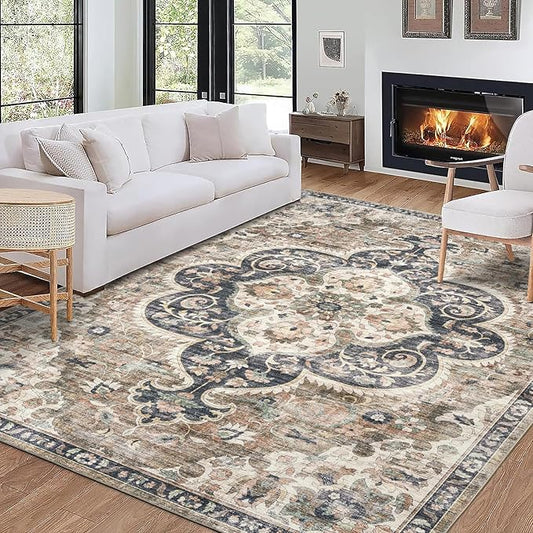 ReaLife Rugs Machine Washable Area Rug - Living Room Bedroom Bathroom Kitchen Entryway Office - Padded Low Pile Stain Resistant Premium - Boho Farmhouse Vintage - Joy - Brown Beige 7'6" x 9'6"