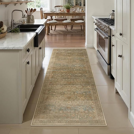 Vintage Runner Rug 2x6 Washable Hallway Carpet Non Slip Brown Bedroom Low Pile Kitchen Distressed Retro Accent Throw Rug for Bathroom Dining Laundry Living Room