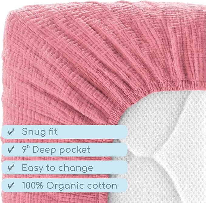 Muslin Crib Sheets, 100% Organic Cotton, Breathable and Ultra-Soft, Standard Crib Sheet Mattress (28"x 52") for Girls and Boys, Neutral Fitted Baby Crib Sheet (Pale Rose)