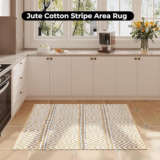 Jute Cotton Stripe Area Rug for Living Room 24x36 Inch - Natural Ivory - Machine Washable 2x3 Feet Rugs - 70% Jute and 30% Cotton