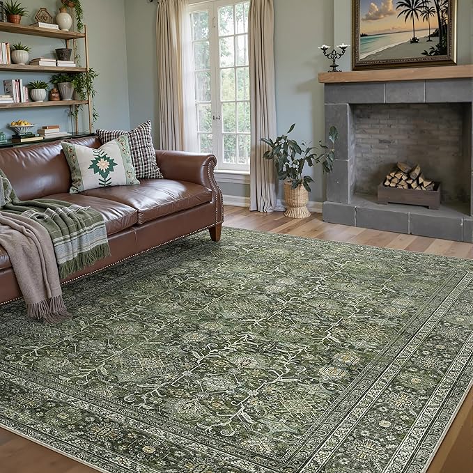 Vintage Area Rug 6x9 Green Washable Living Room Large Carpet Non Slip Bedroom Indoor Office Low Pile Traditional Distressed Retro Accent Rug for Dining Room Kitchen