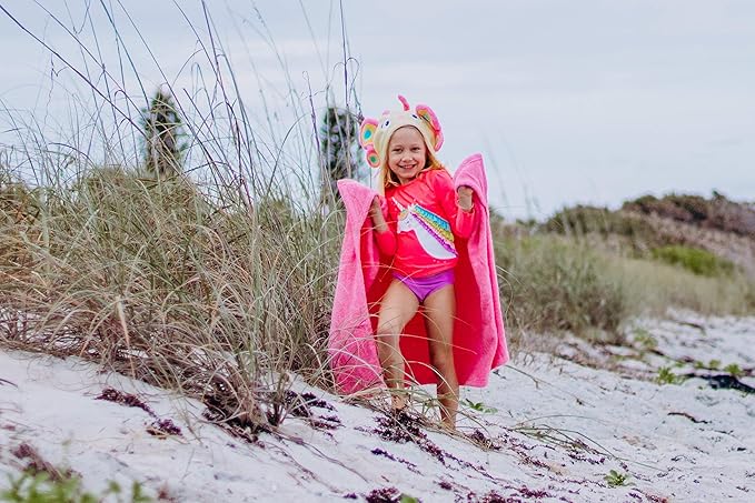 Hooded Baby Towel for Kids 2-8 | Large 100% Cotton Baby Towel for Girls | Cute Butterfly Bath Towels for Babies and Toddlers in Hot Pink and Yellow