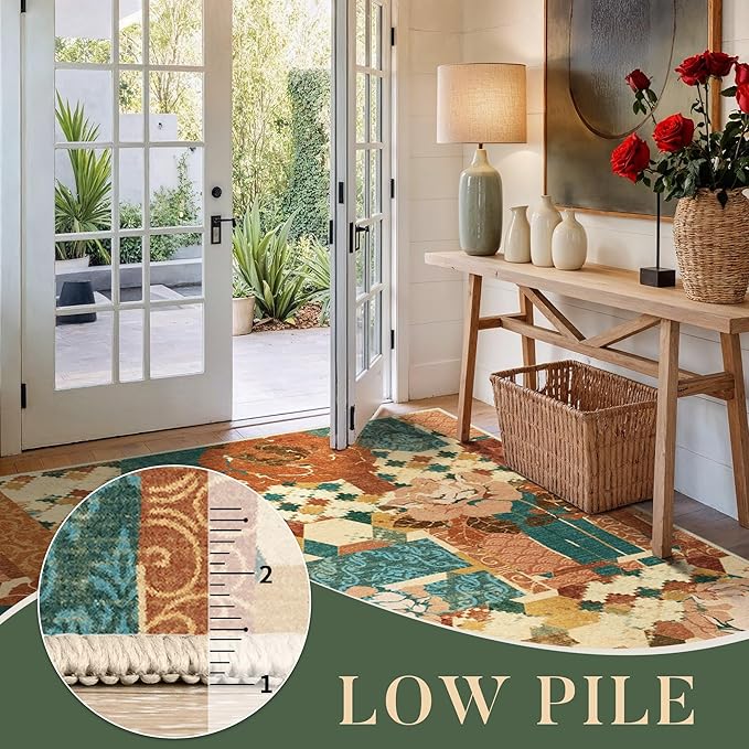GENIMO Area Rug 2x3 Doormat, Machine Washable Low Pile Rugs, Small Floral Patchwork Retro Chenille Entryway Mat for Entrance, Hallway, Kitchen and Corridor, Rose Red