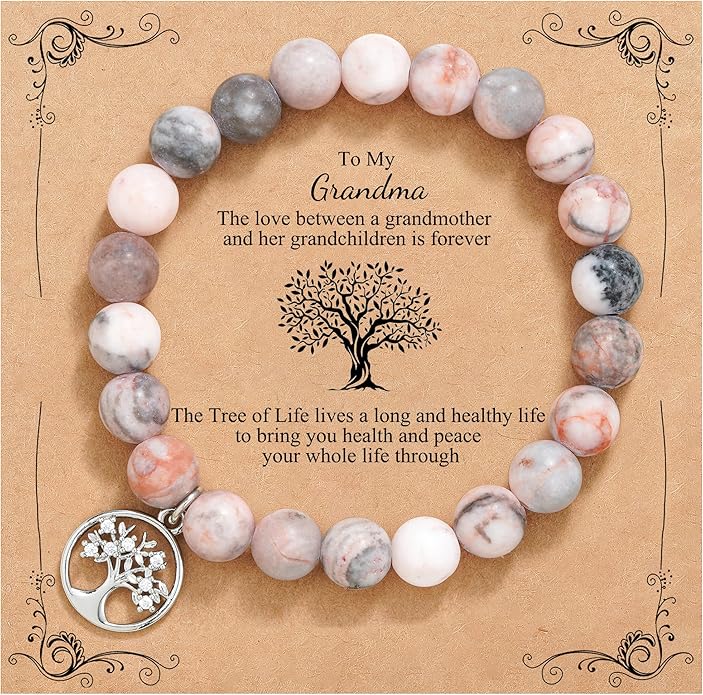 QWNHONEY Mothers Day Gift for Grandma Mom Mother in Law Sister in Law Bonus mom Granny Nana Valentine's Day Birthday Anniversary Pink Red Natural Stone Tree of Life Bracelet