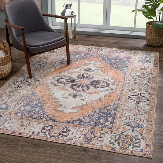 Bloom Rugs Washable 9' x 12' Rug - Orange/Blue/Beige Traditional Area Rug for Living Room, Bedroom, Dining Room, and Kitchen - Exact Size: 9' x 12'
