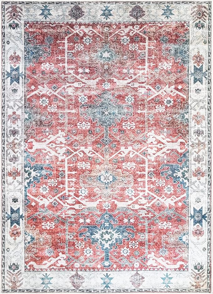Bloom Rugs Washable Non-Slip 8' x 10' Rug - Red/Blue Traditional Area Rug for Living Room, Bedroom, Dining Room, and Kitchen - Exact Size: 8' x 10'
