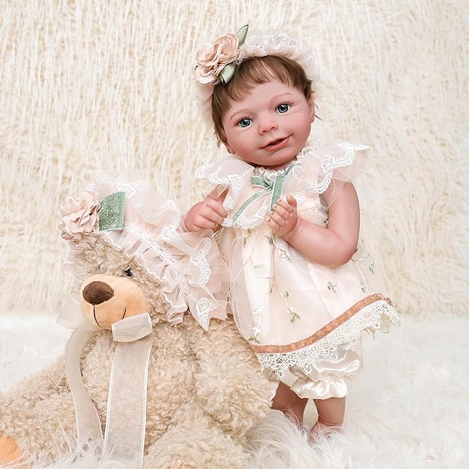 20-Inch Lifelike Reborn Baby Doll, Realistic Baby Doll with Cute Skirts, Poseable Smiling Full-Body Vinyl Baby Dolls for 3+ Years Old Kids Name Rosalie (Champagne (Open Eyes))